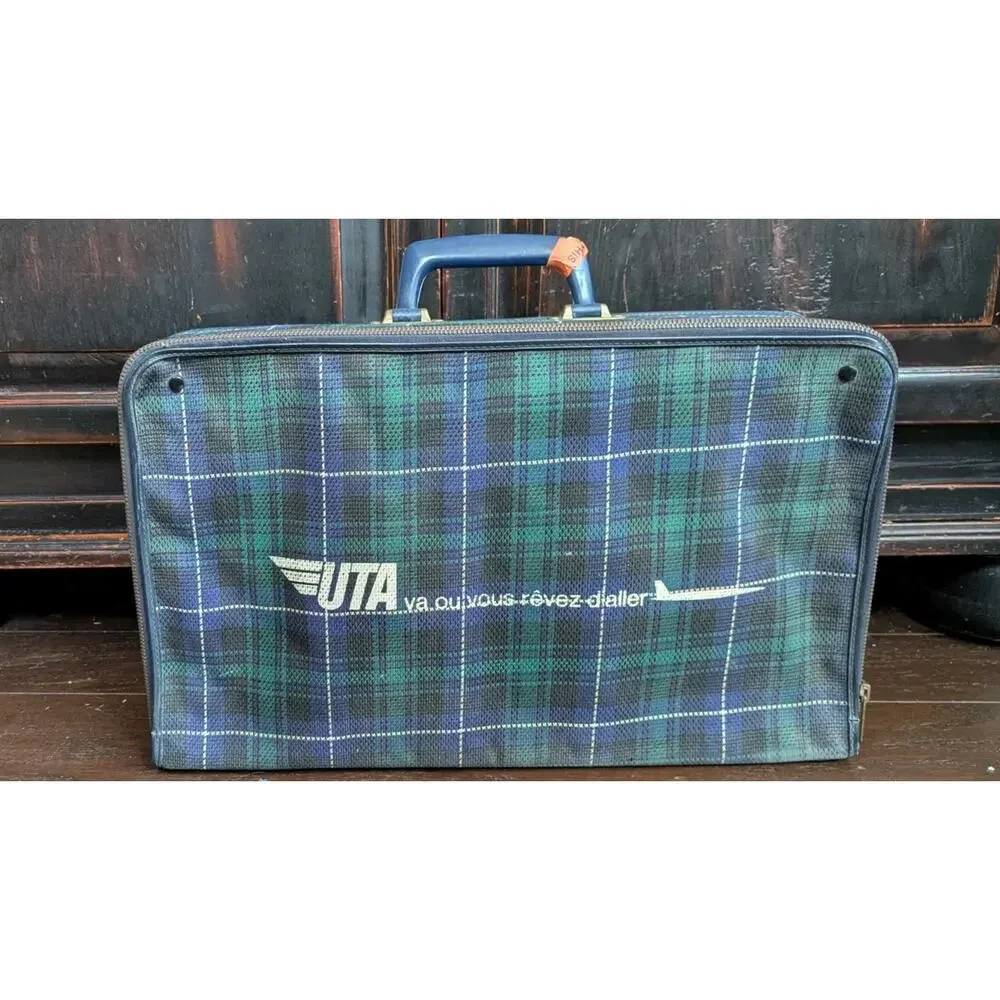 Vtg UTA French Airlines Cabin Suitcase Tartan Plaid Carry On Bag Small 1950s